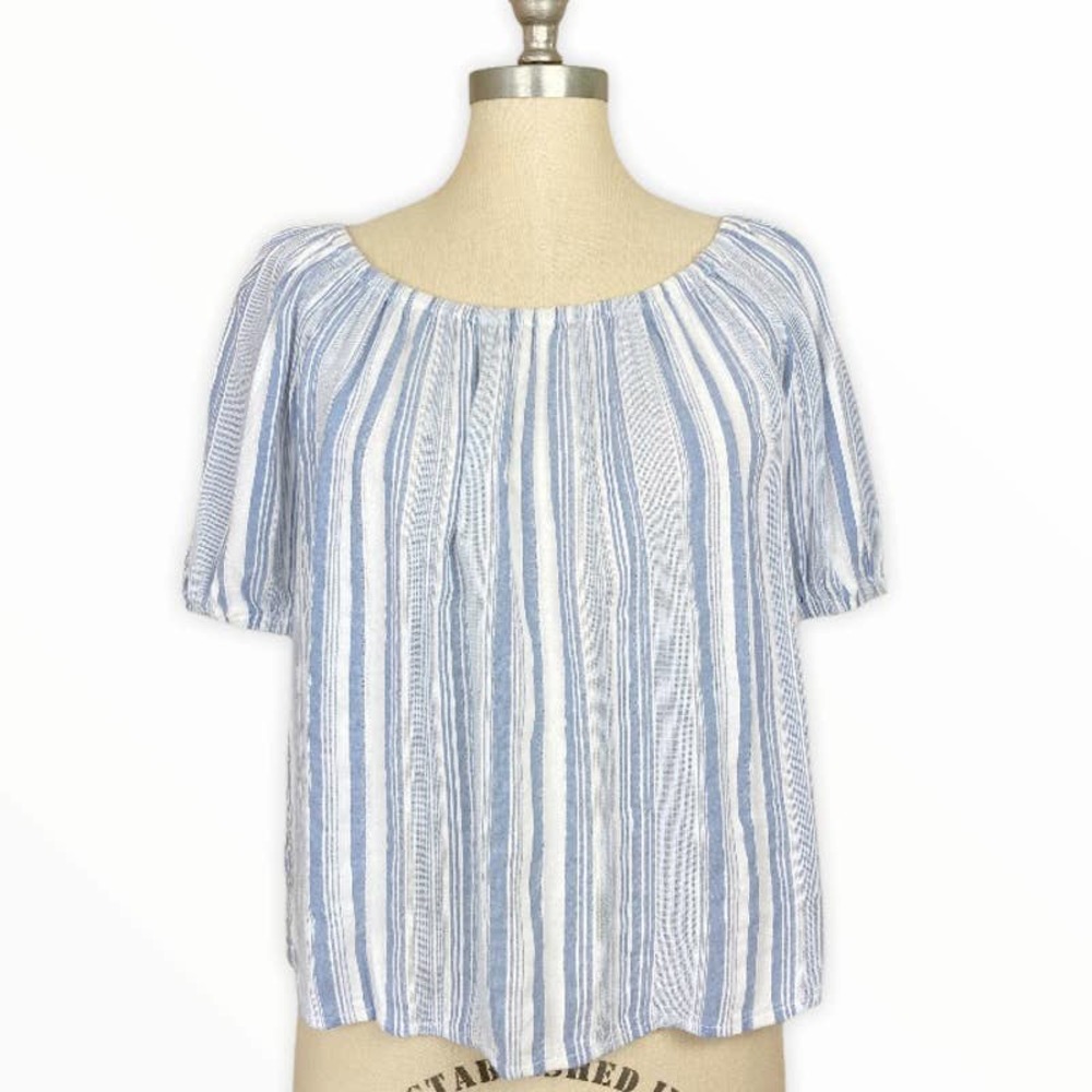 LOFT Off The Shoulder Striped Chambray Woven Top M